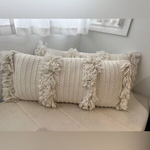 Simons Cream Textured Fringe Decorative Pillows – Set of 2 – Boho Neutral